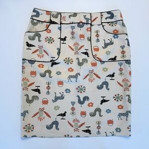 Nanette Lepore Farmhouse Rooster Folk Skirt 100% Silk Sz 10 Pencil Cream Ivory